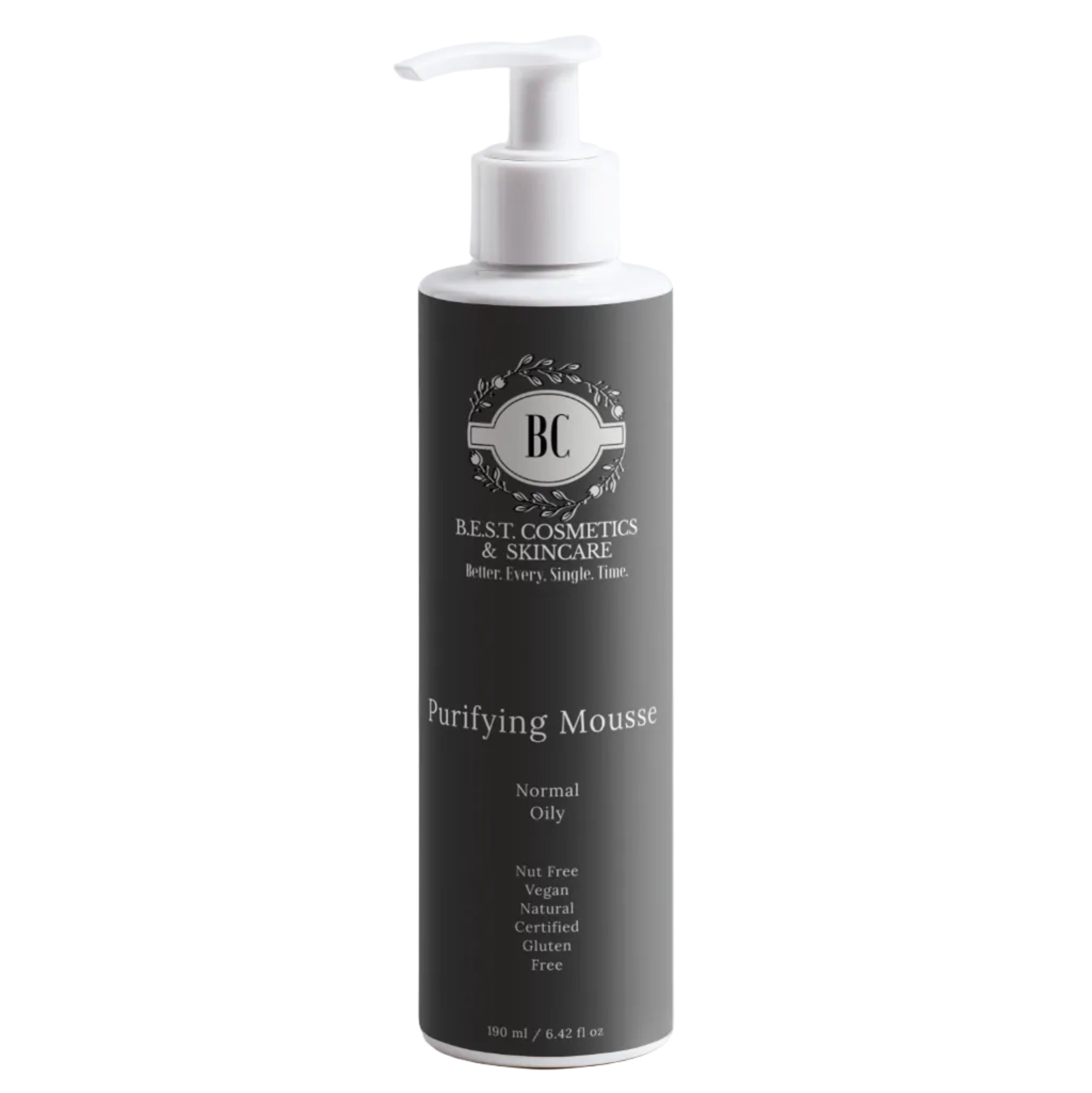 Black bottle of Purifying Mousse with white pump on a light gray background