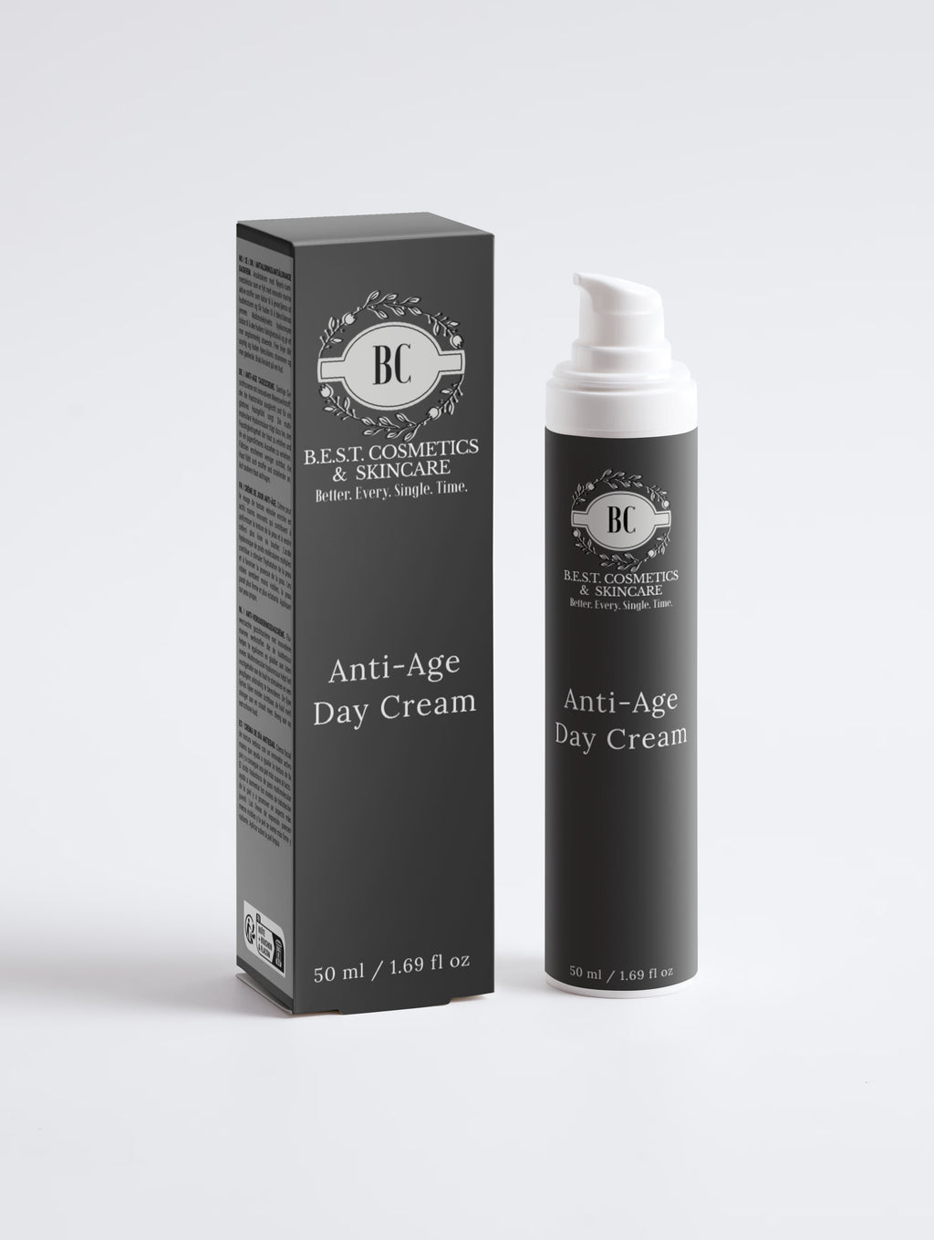 Anti-age day cream with packaging on a white background