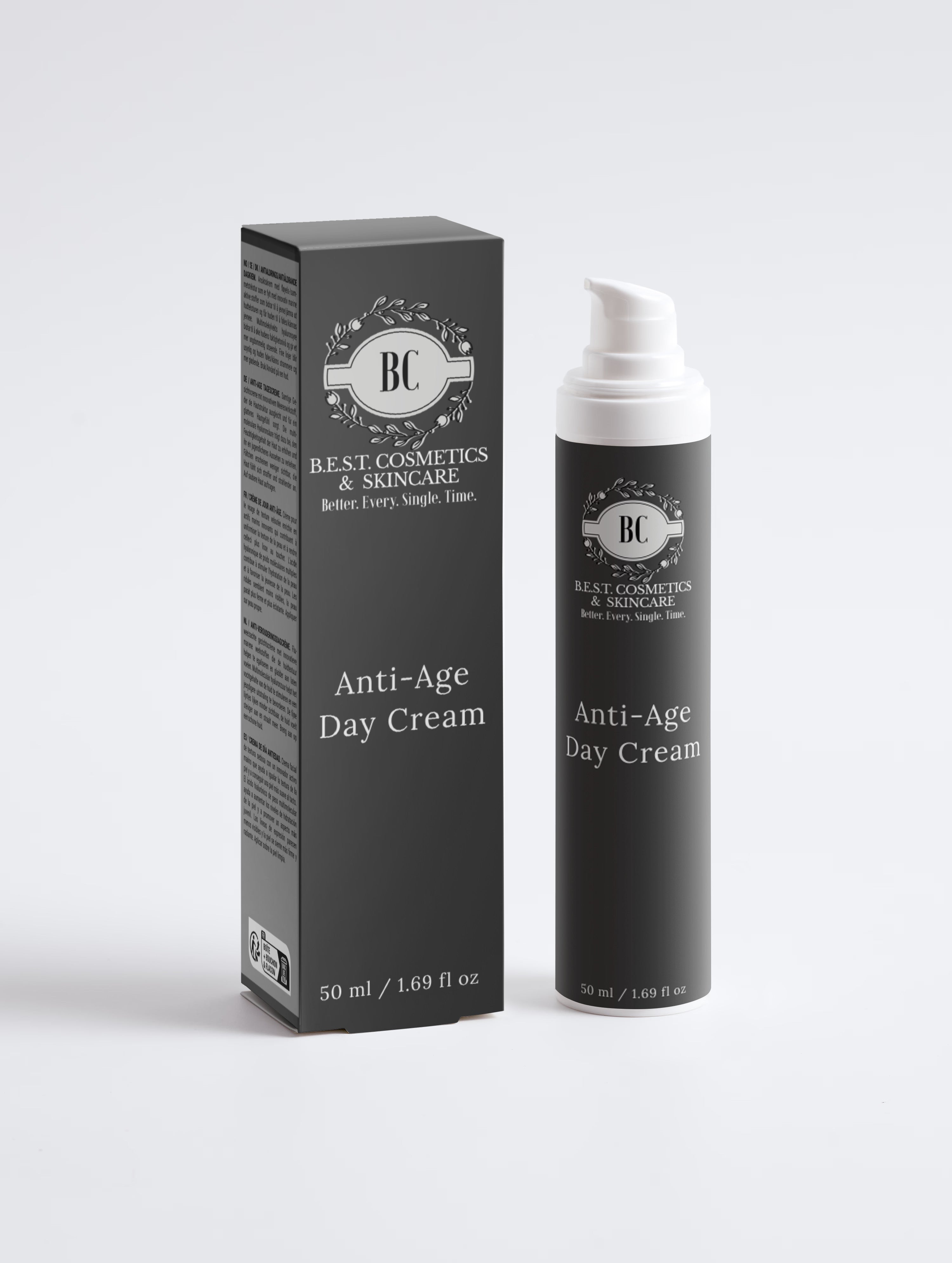 Anti-age day cream with packaging on a white background