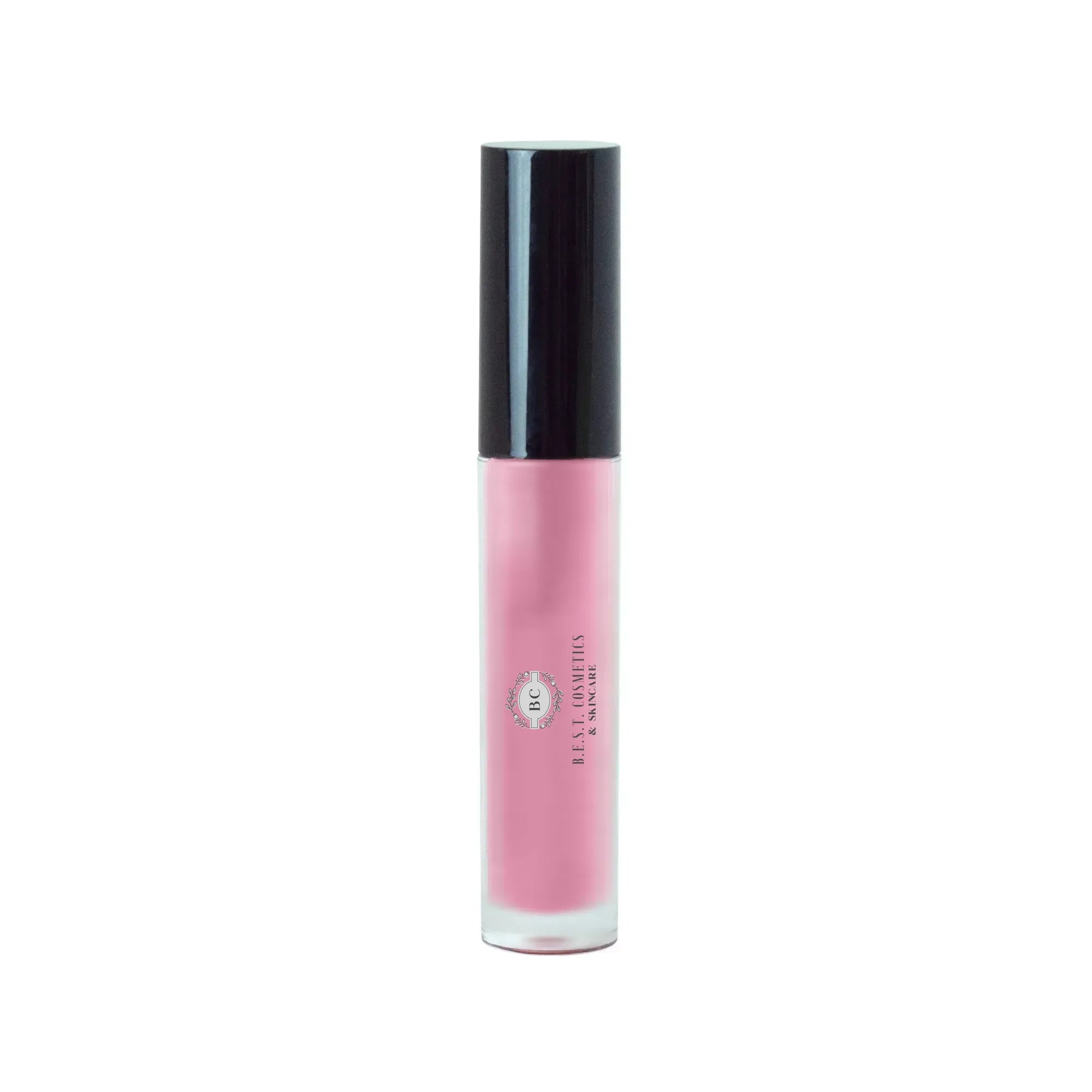Pink lip gloss with black cap on a white background