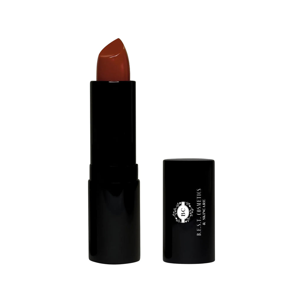 Lipstick with red shade and black case on a white background
