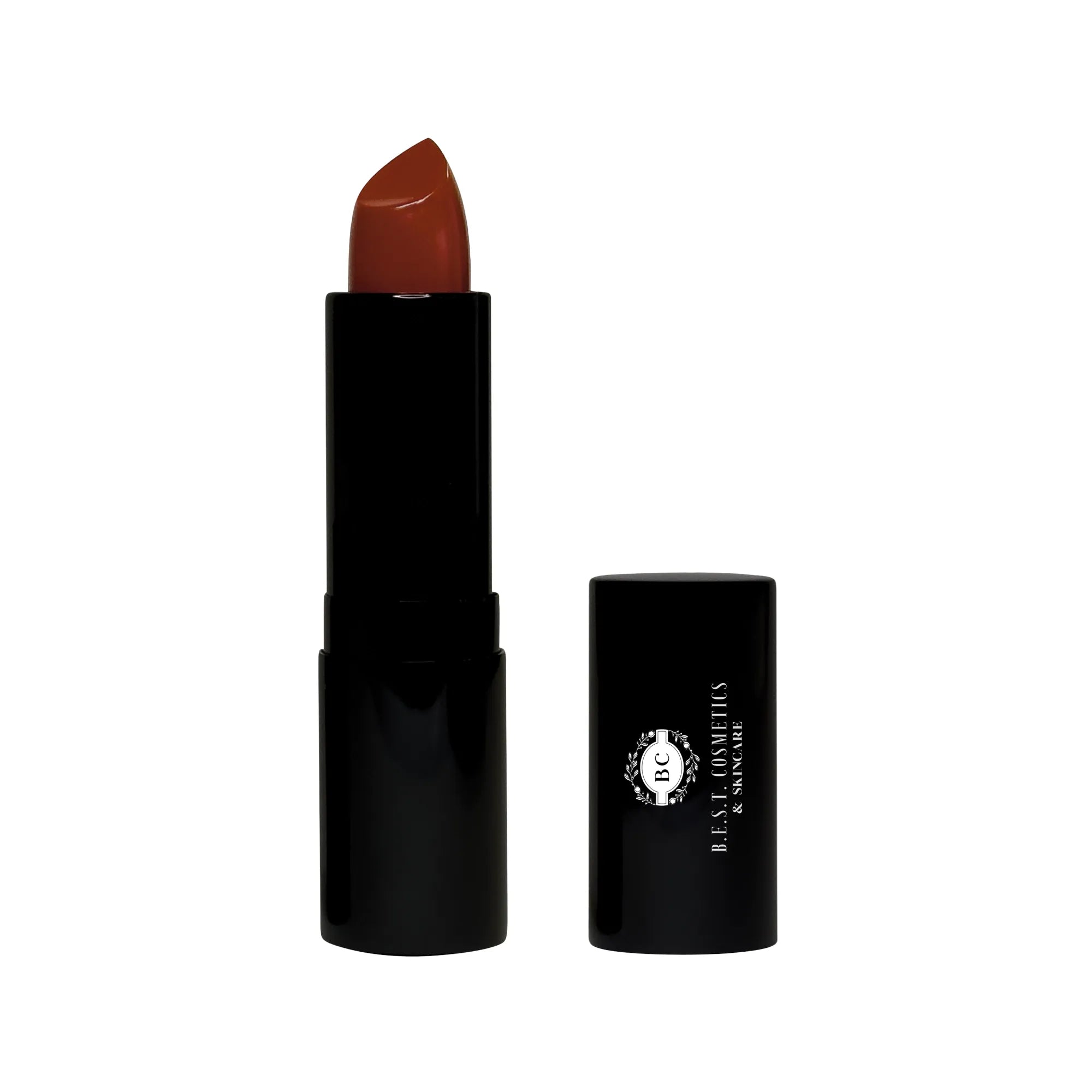 Lipstick with red shade and black case on a white background