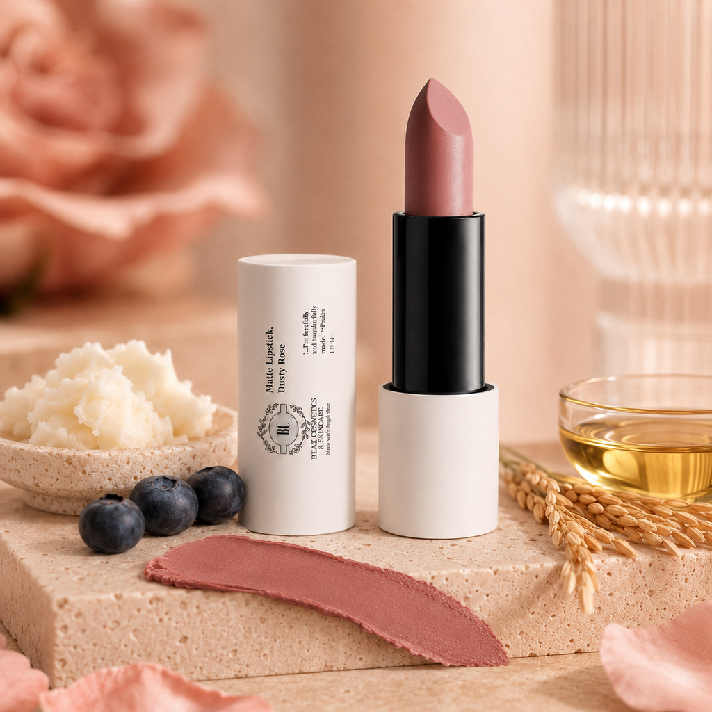 A Best Cosmetics & Skincare lipstick product shown with its cap removed, standing beside the white tube packaging on a styled surface. The lipstick bullet is a muted dusty mauve-pink, and a matching swatch is placed in front.