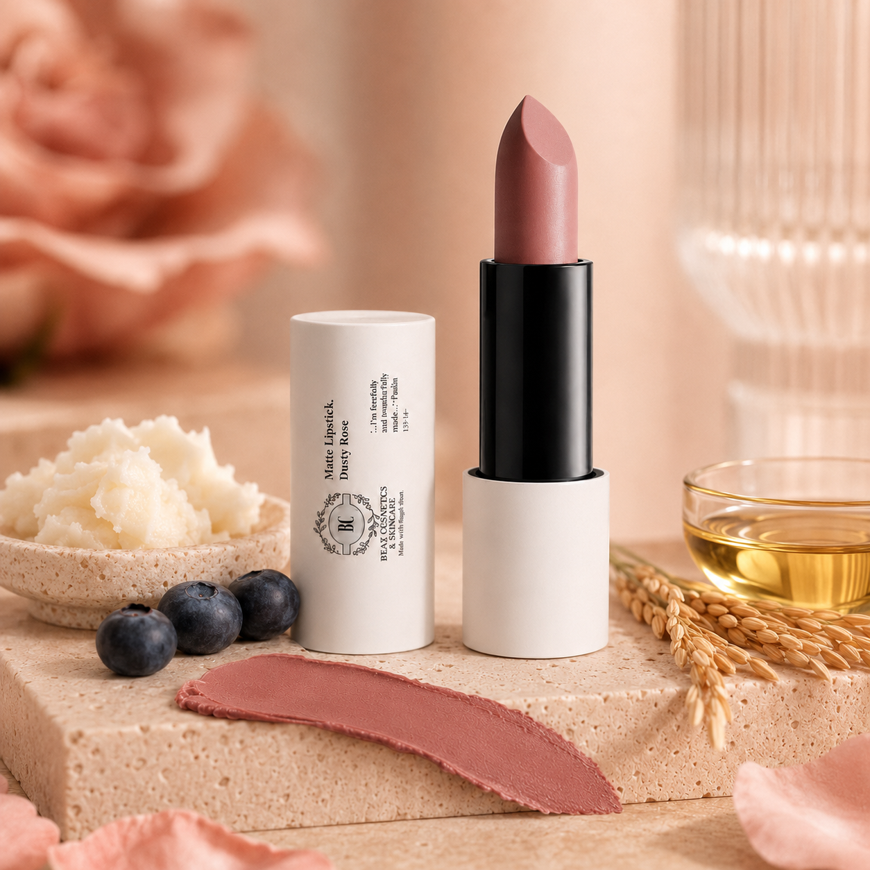 A Best Cosmetics & Skincare lipstick product shown with its cap removed, standing beside the white tube packaging on a styled surface. The lipstick bullet is a muted dusty mauve-pink, and a matching swatch is placed in front.