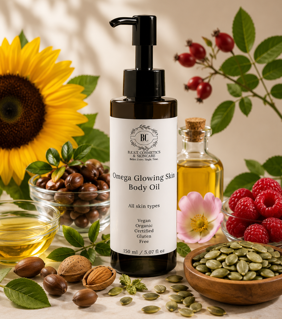 Omega Glowing Skin Body Oil bottle with natural ingredients on a wooden surface