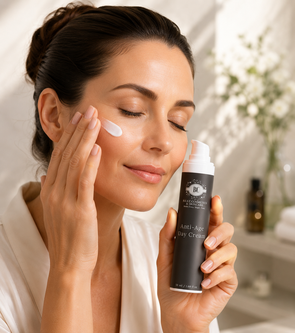 Woman applying cream to her face with a bottle of anti-aging day cream in a bathroom setting.