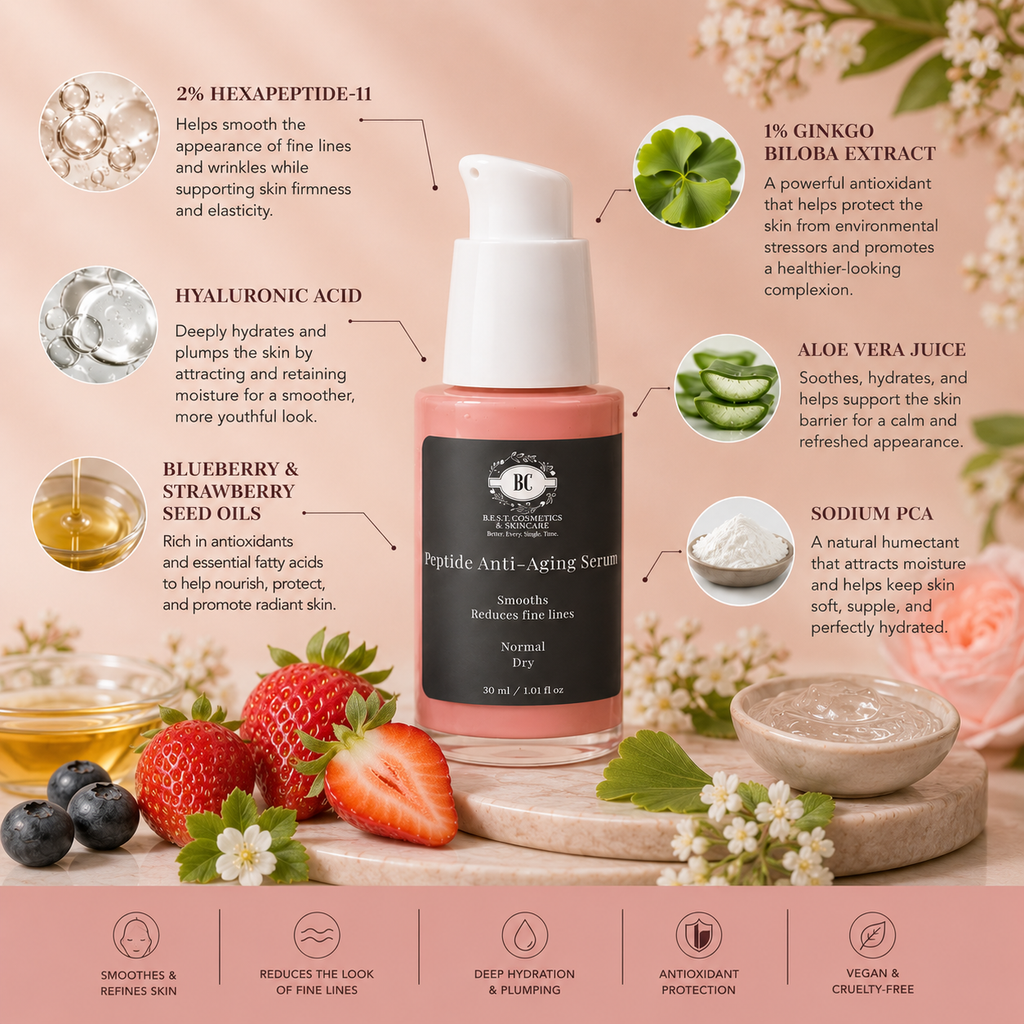 B.E.S.T. Cosmetics & Skincare anti-aging serum bottle with ingredients and benefits on a decorative background.