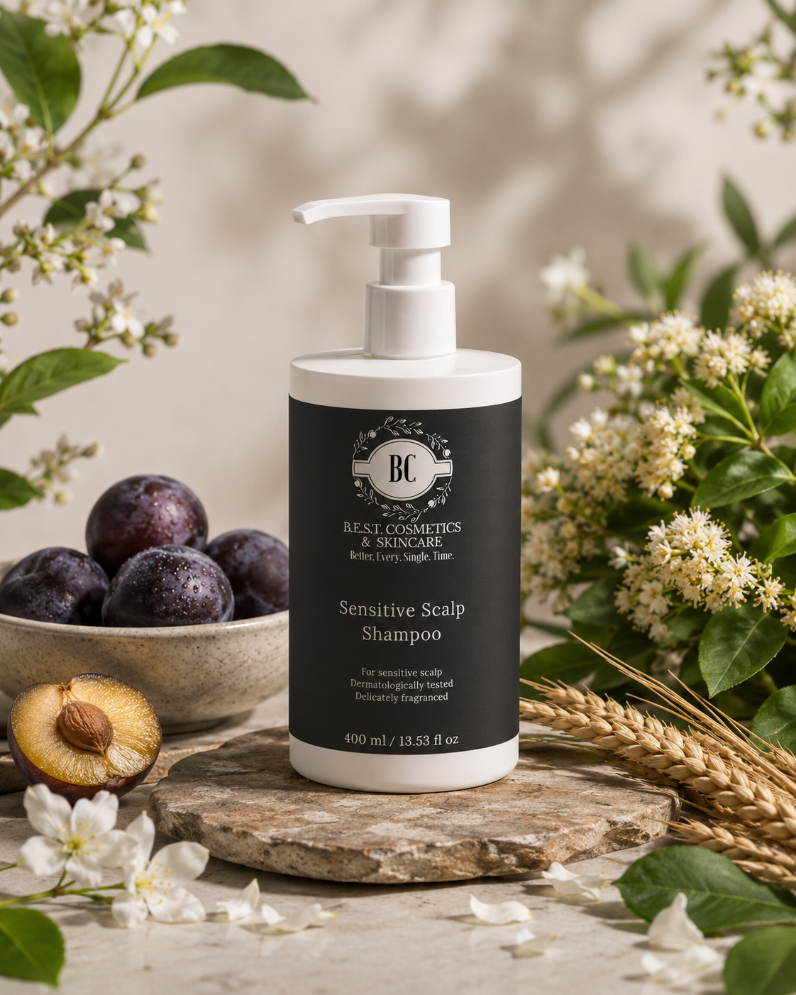 Bottle of sensitive scalp shampoo with a natural setting featuring fruits and flowers.