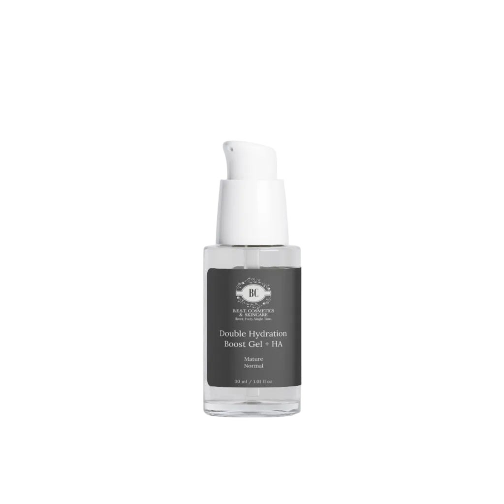 B.E.S.T. Cosmetics & Skincare double hydration boost gel plus hyaluronic acid, clear glass bottle with black label and white lettering.