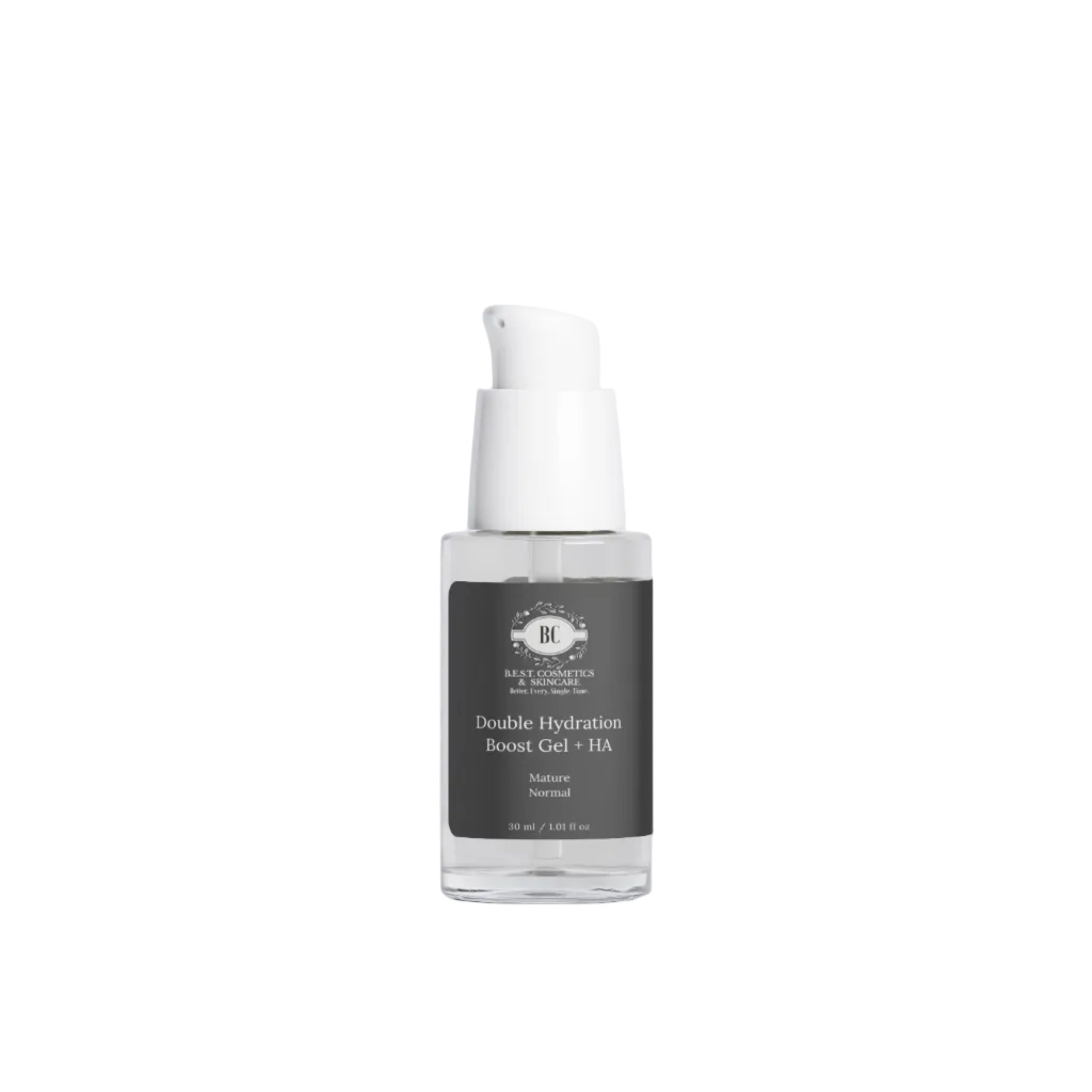 B.E.S.T. Cosmetics & Skincare double hydration boost gel plus hyaluronic acid, clear glass bottle with black label and white lettering.