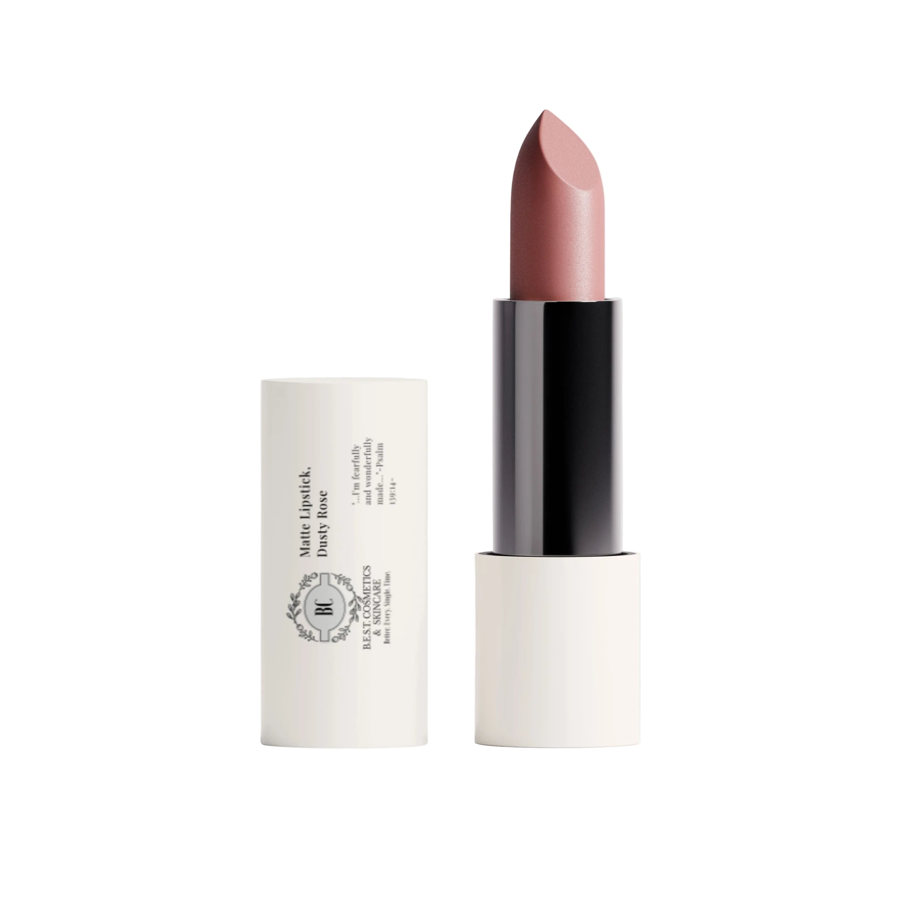 A matte lipstick in a dusty rose shade stands upright next to its off-white cap on a clean, light gray background. The brand name 'Melt + Lipstick, Beauty Box' is printed on the cap.