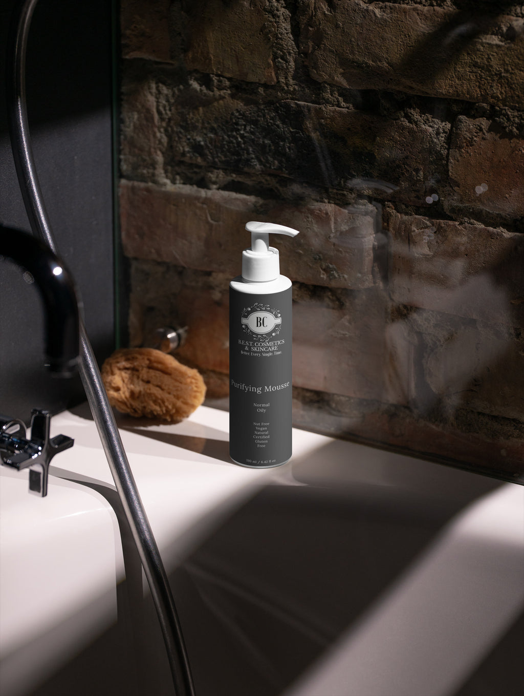 B.E.S.T. Cosmetics & Skincare bottle on a bathroom counter with a brick wall background