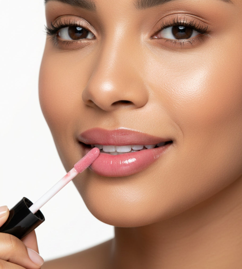 Woman applying pink lipstick with a white background