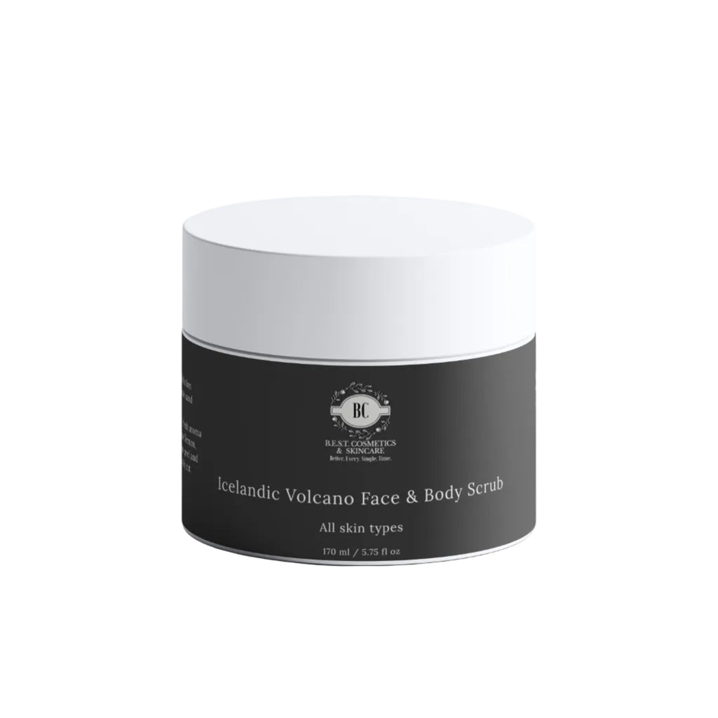 B.E.S.T. Cosmetics & Skincare Volcanic face & body scrub with black and white label on white jar.