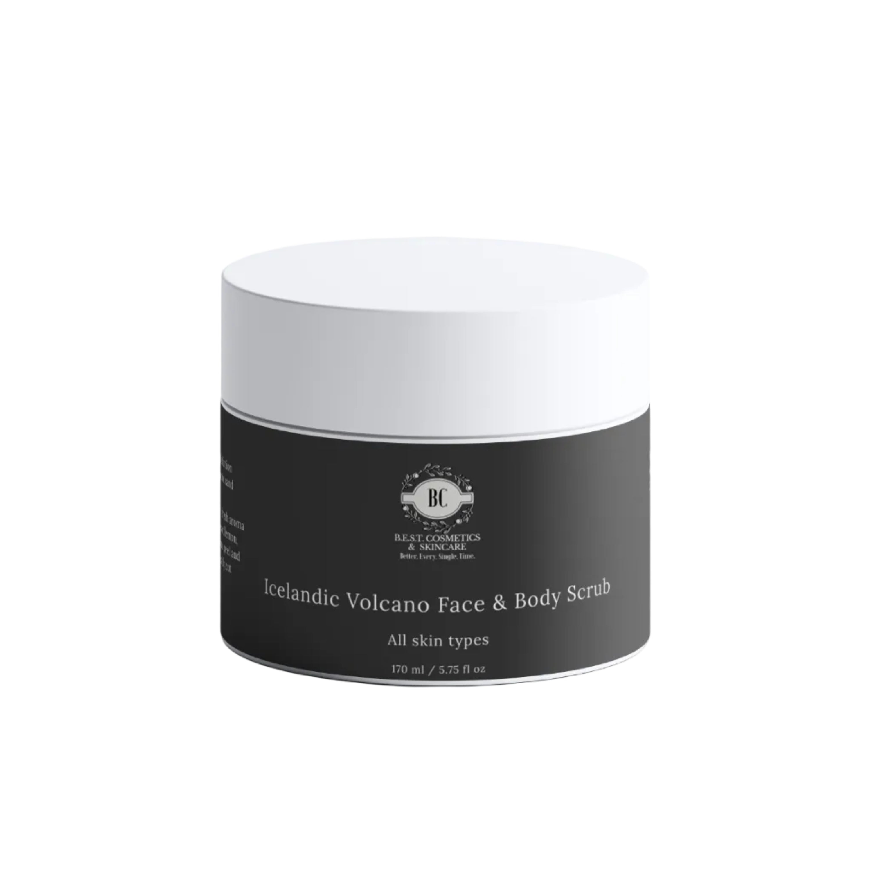 B.E.S.T. Cosmetics & Skincare Volcanic face & body scrub with black and white label on white jar.