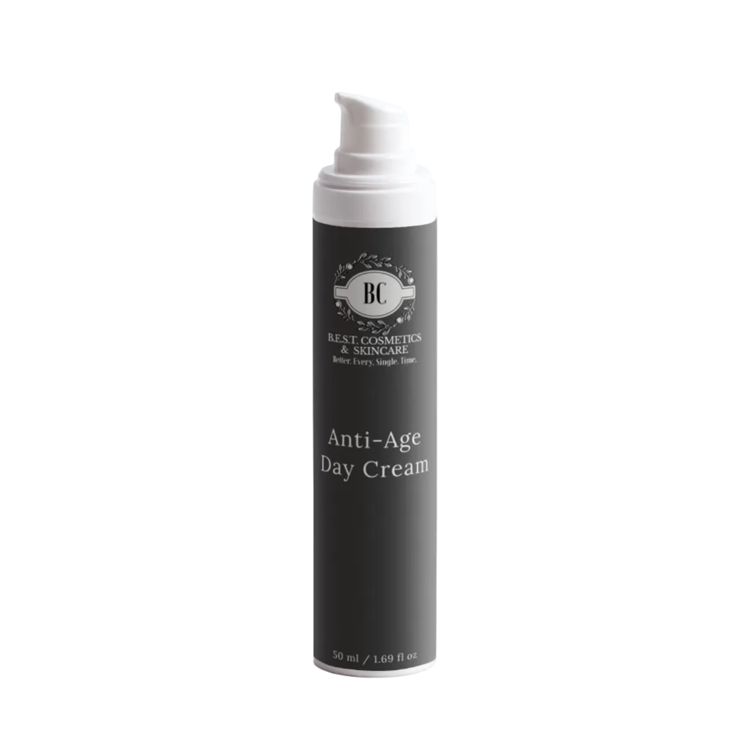 Anti-age day cream bottle with brand logo on a white background