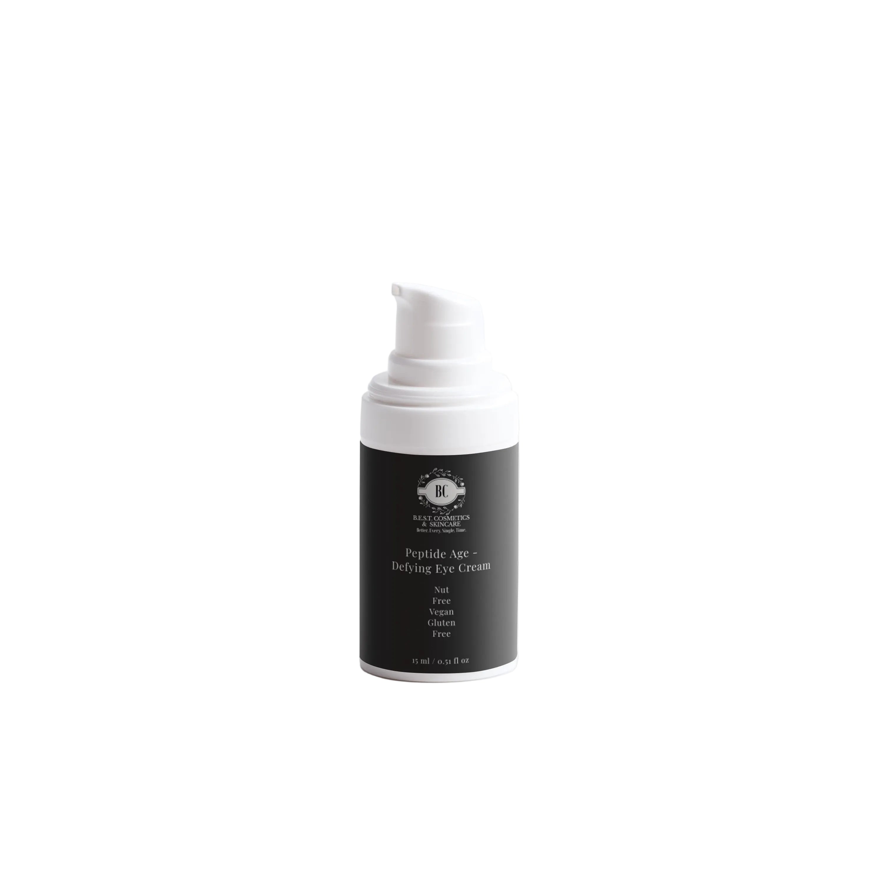 A single cosmetic pump bottle of Peptide Age Rich Skin Cream by B.E.S.T. Cosmetics & Skincare, featuring a matte black label and a white pump dispenser, set against a seamless light gray background.