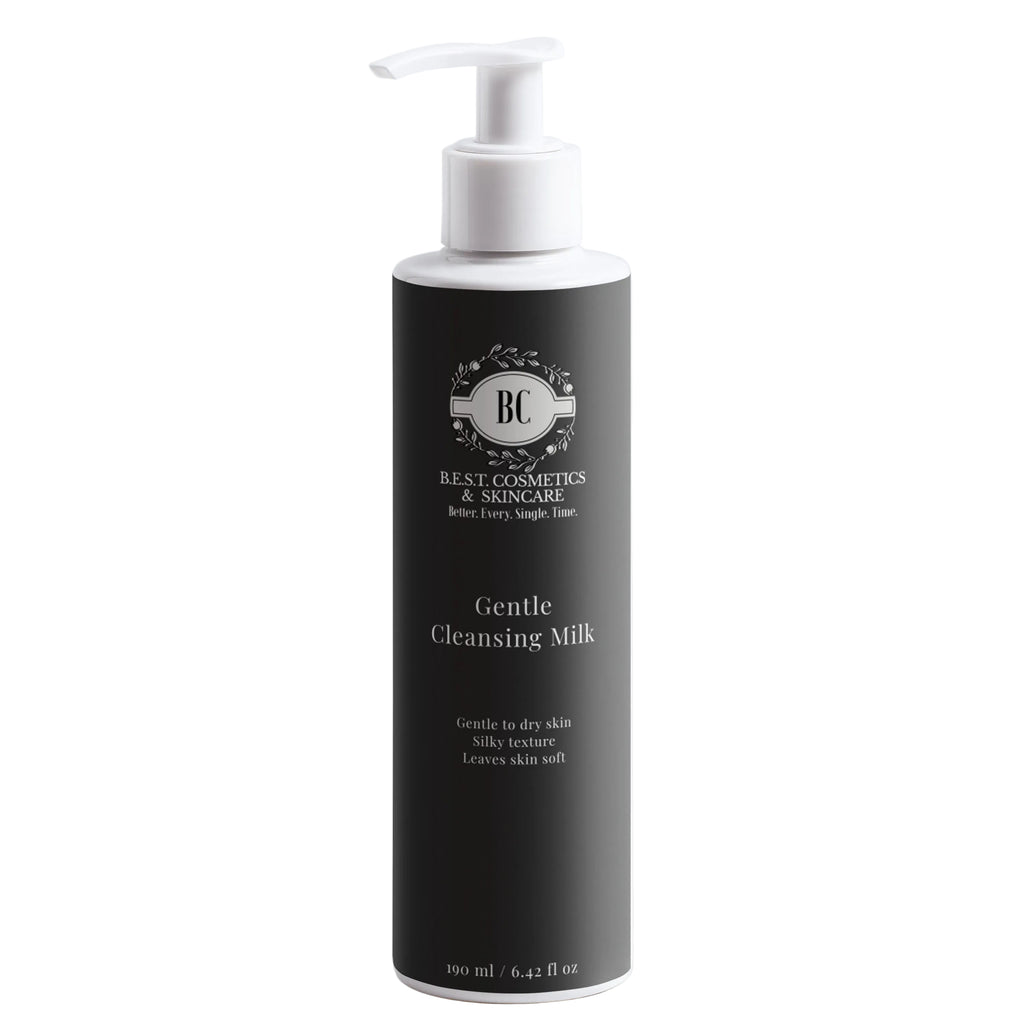A tall black pump bottle of BC Beauty Cosmetics Gentle Cleansing Milk with a white pump dispenser, set against a clean light gray background.