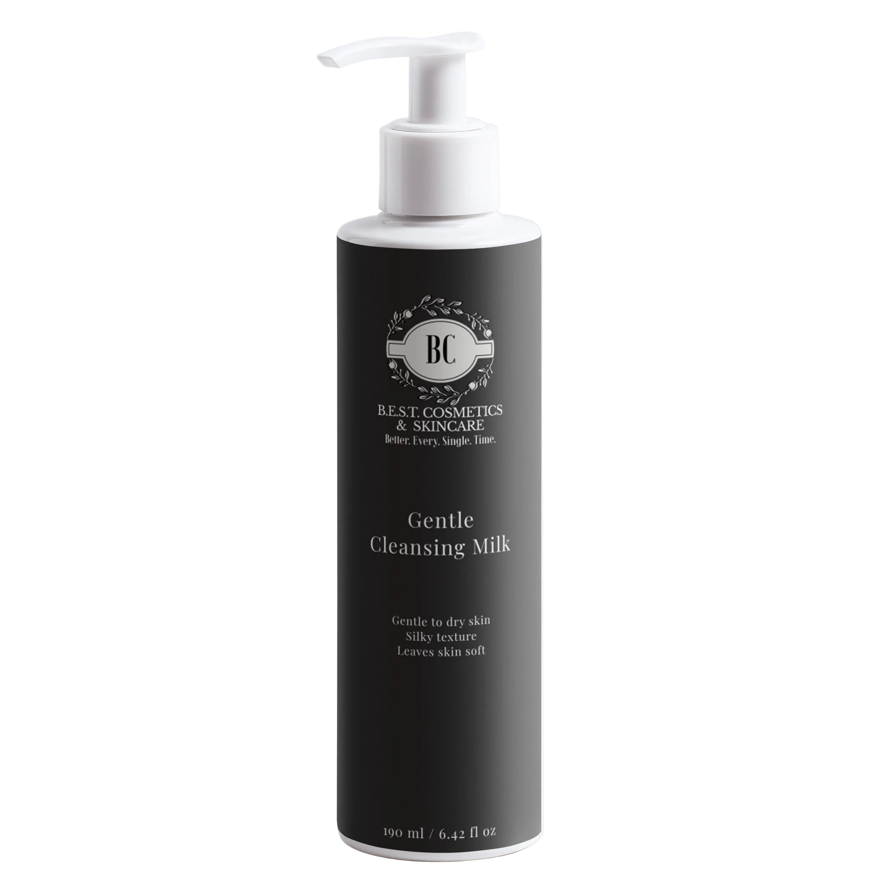 A tall black pump bottle of BC Beauty Cosmetics Gentle Cleansing Milk with a white pump dispenser, set against a clean light gray background.