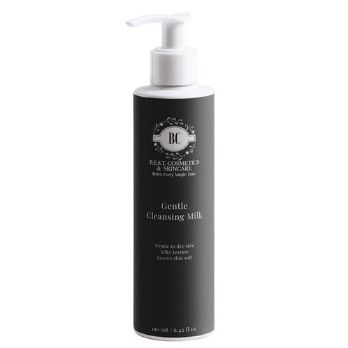 A tall black pump bottle of BC Beauty Cosmetics Gentle Cleansing Milk with a white pump dispenser, set against a clean light gray background.