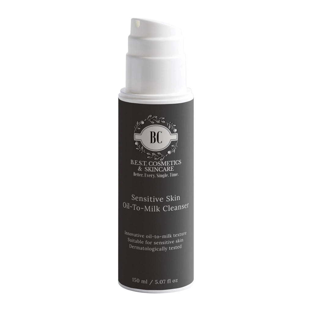 Cosmetic bottle with black label on a light gray background