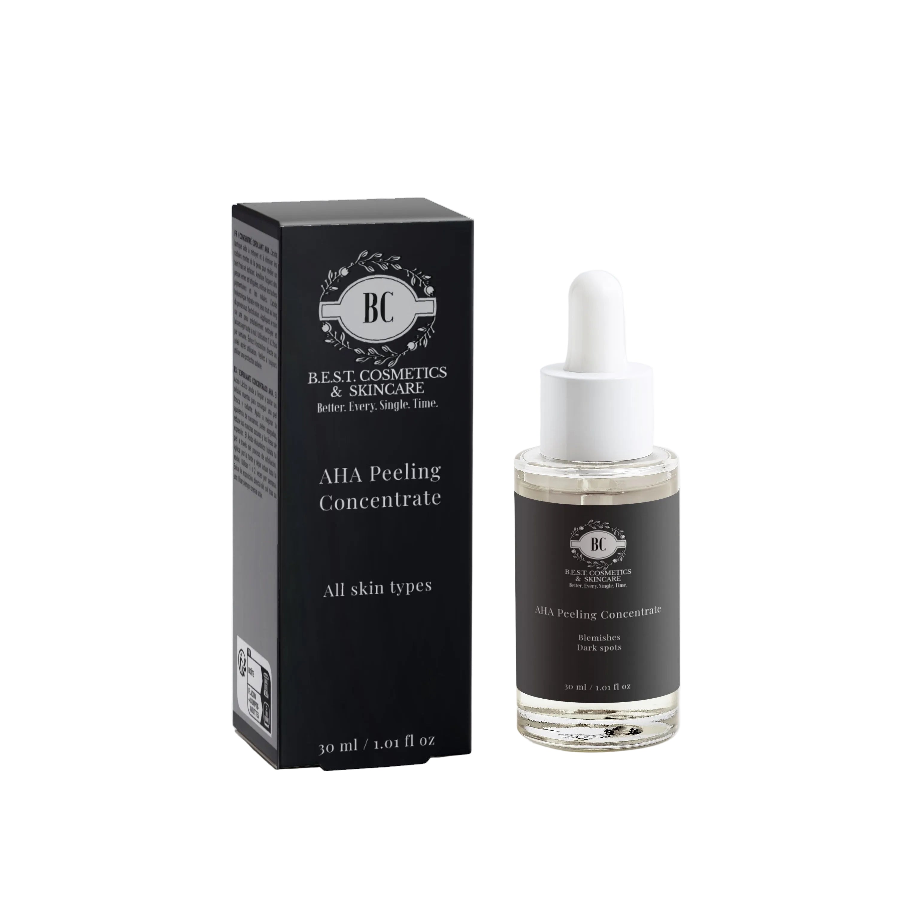 Best Cosmetics & SkincareAHA Peeling Concentrate shown with its black retail box and clear glass dropper bottle on a light gray background.