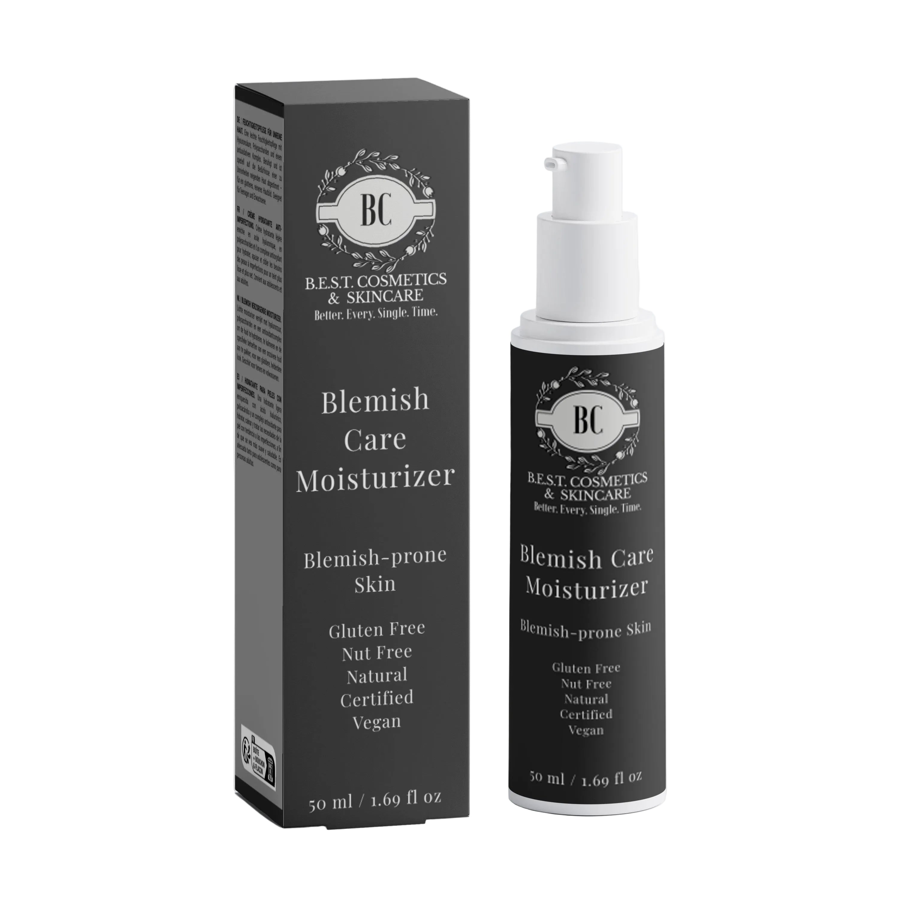 A skincare product set featuring a black rectangular box and a matching black pump bottle with a white pump dispenser, labeled 'Blemish Care Moisturizer' by 'BC Beauty Cosmetics & Skincare'.