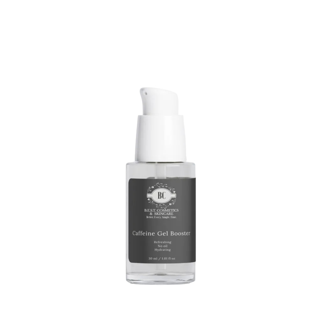 Bottle of B.E.S.T. Cosmetics & Skincare Caffeine Gel Booster on a white background
