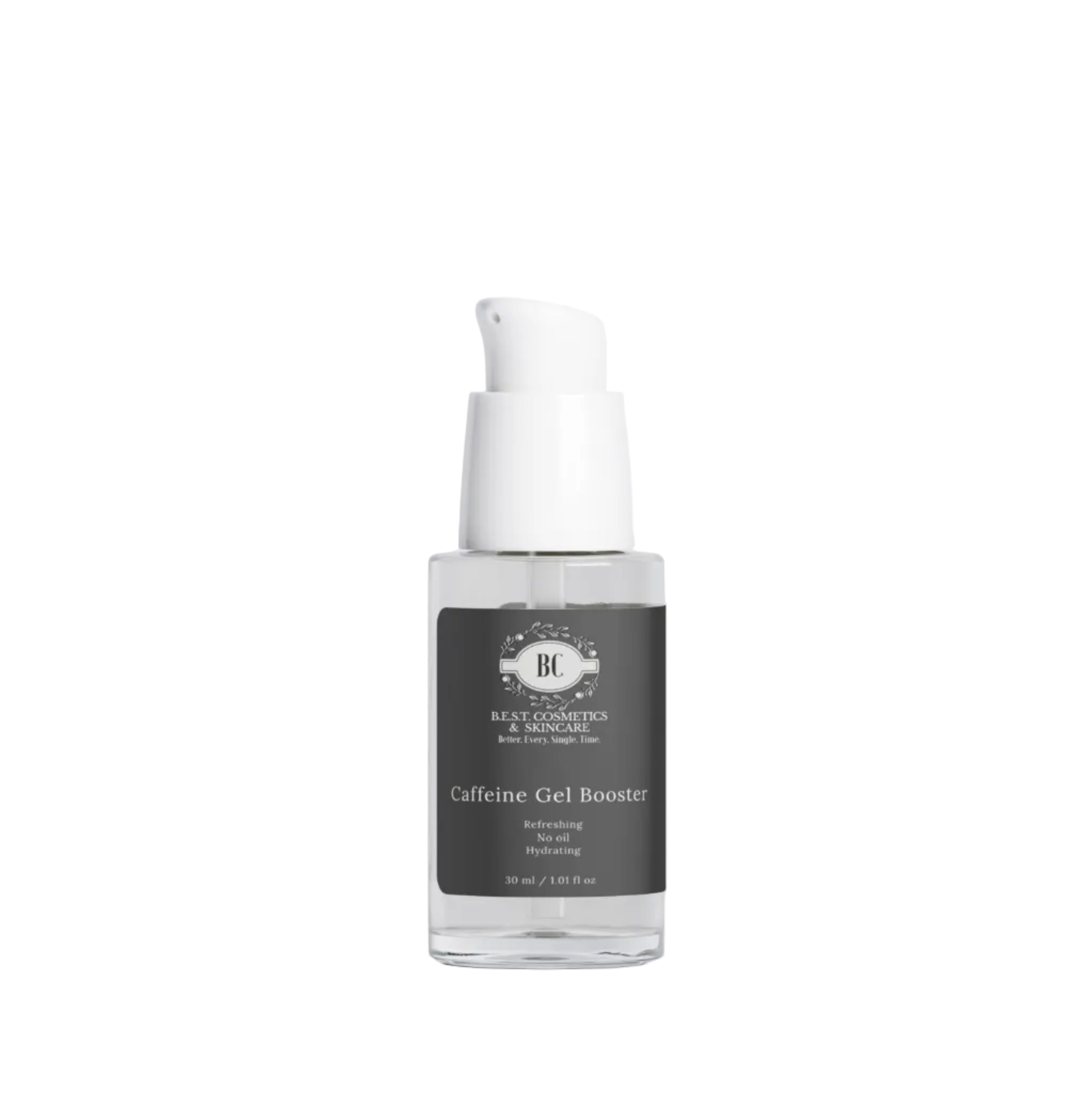 Bottle of B.E.S.T. Cosmetics & Skincare Caffeine Gel Booster on a white background