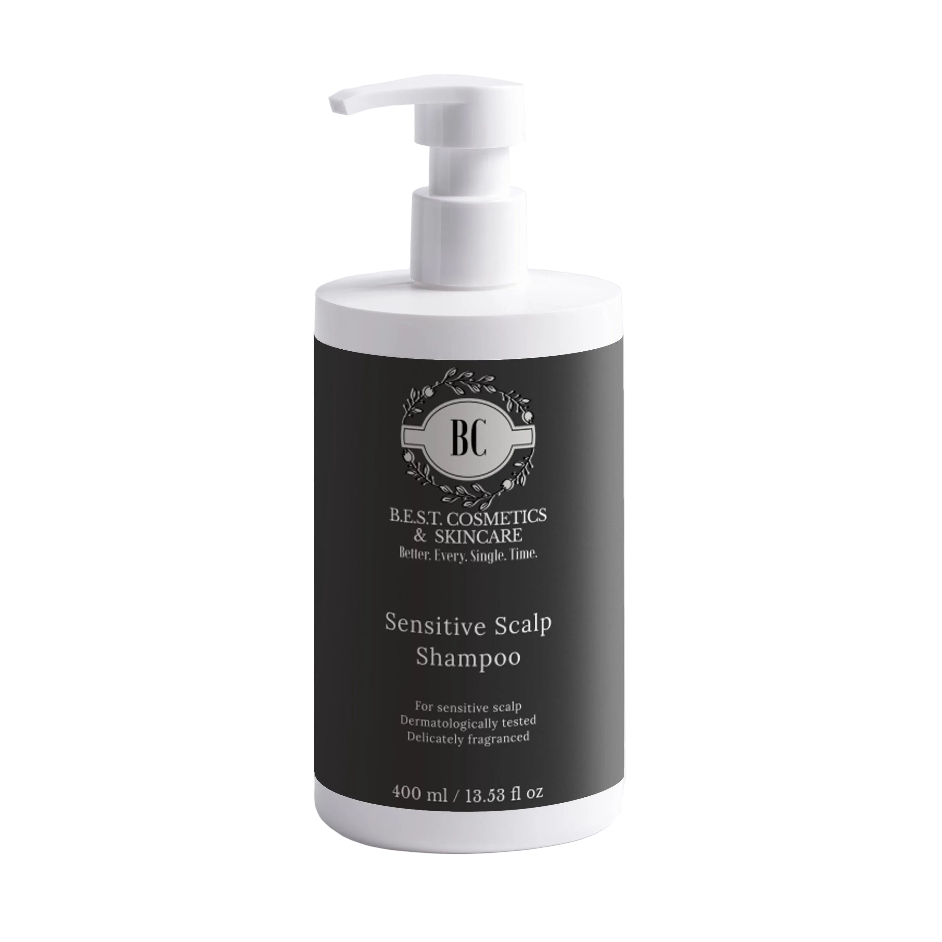Bottle of B.E.S.T Cosmetics & Skincare sensitive scalp shampoo with a black label on a white background 