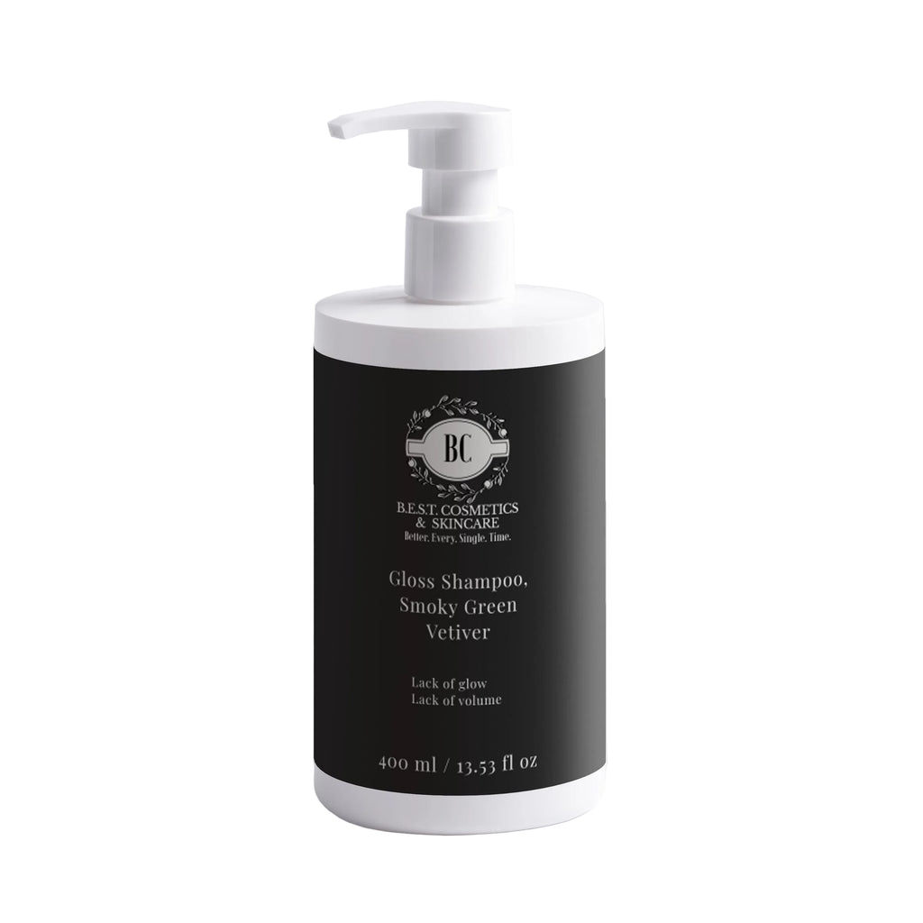 Best Cosmetics & Skincare Shampoo, white bottle with black label and light lettering.